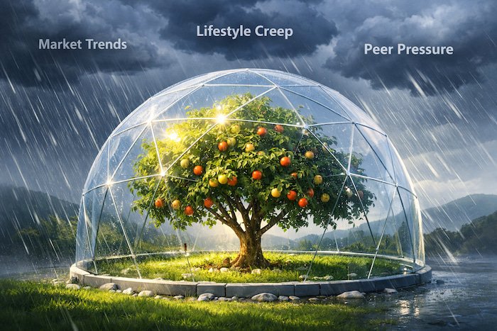 A thriving fruit tree protected inside a transparent geodesic greenhouse, glowing with warm sunlight while storm clouds labeled market trends, lifestyle creep, and peer pressure rage outside.