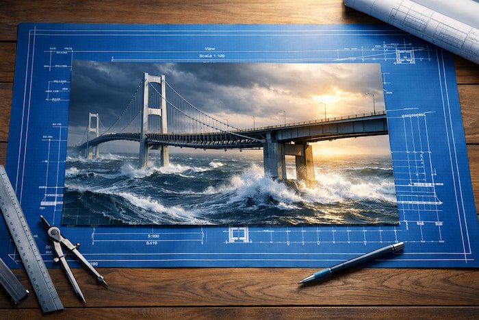 Blueprint of a bridge laid on a wooden table, with a real-world image of the same bridge superimposed during a storm, showing the structure flexing under pressure while the blueprint beneath remains perfectly steady.
