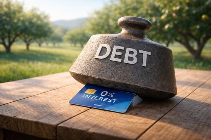 A heavy weight labeled “Debt” stabilized on a wooden table by a blue credit card marked “0% interest,” with a sunlit orchard in the background.