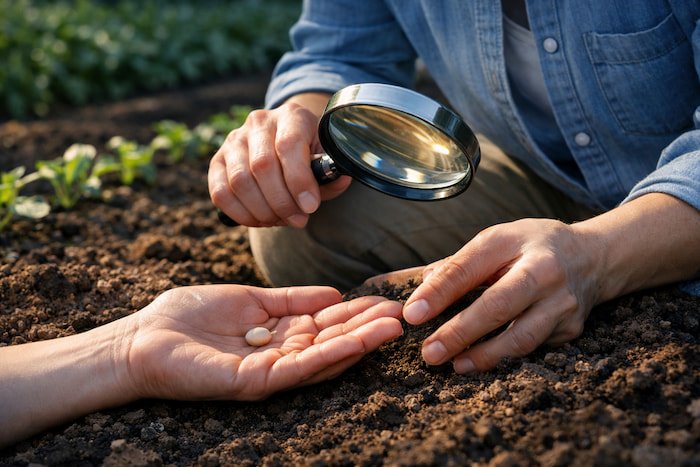 A person kneeling in a tilled garden bed examines a single seed in their open palm with a magnifying glass, hesitating to plant it in the soil under soft golden sunlight.