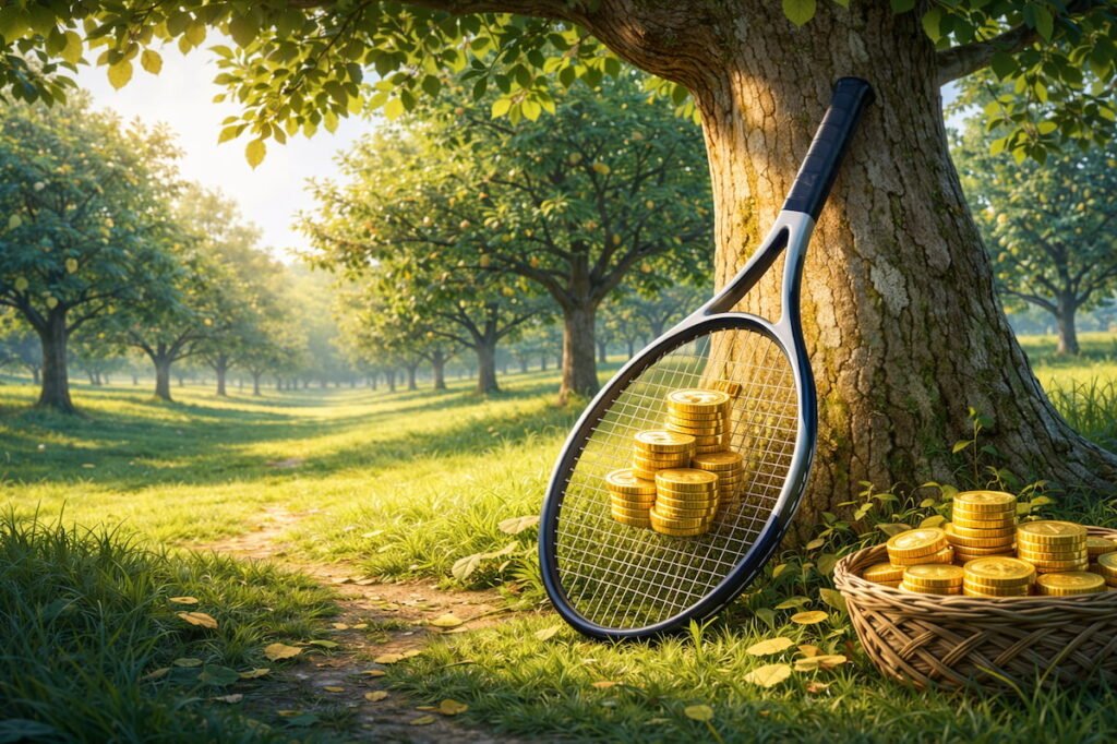 A precision tennis racket leans against a mature orchard tree, cradling stacked golden coins in its strings as sunlight filters through a calm, green orchard. Your Money Orchard!