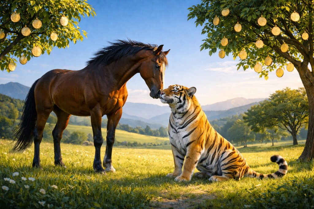 A calm horse and a seated tiger share a gentle, affectionate moment in a sunlit field, surrounded by rolling hills and fruit trees growing golden coins, symbolizing harmony, patience, and long-term wealth.