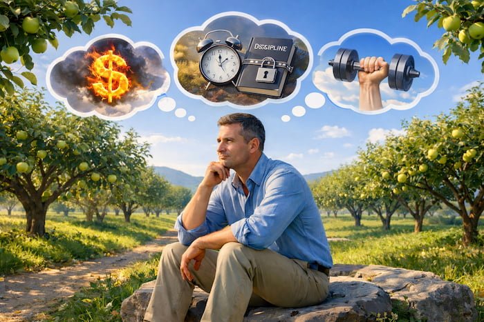 A thoughtful man sitting in a sunlit orchard, reflecting on money worries, discipline, and willpower, symbolizing wealth psychology and long-term financial mindset.