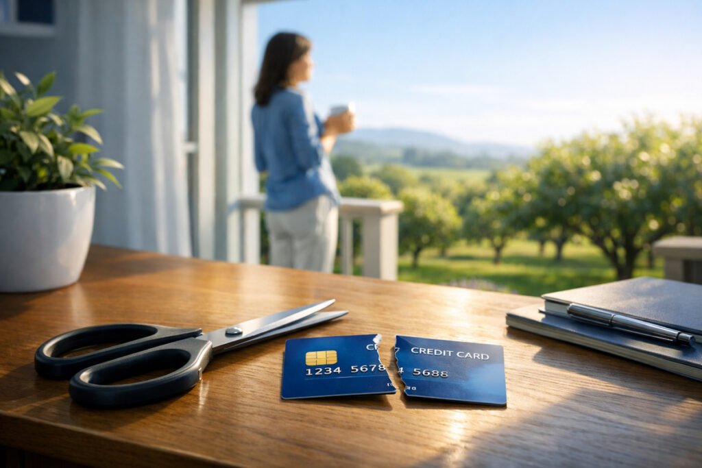 Scissors resting on a tidy home office desk beside a credit card cut in half, with a woman sipping coffee on a porch overlooking a peaceful orchard in the background.