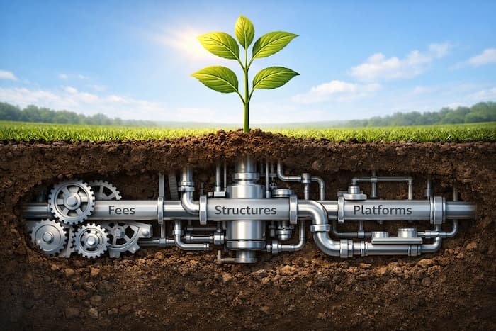 Cross-section illustration of a Your Money Orchard plant showing modest growth above ground and an efficient system of gears and pipes underground representing fees, structures, and platforms.
