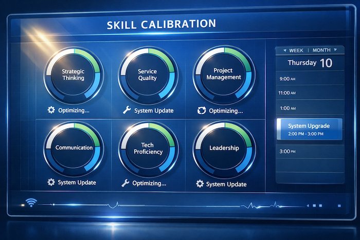 Skill Calibration dashboard with circular progress dials for strategic thinking, service quality, leadership, and communication, highlighting a weekly “System Upgrade” block on a digital calendar.
