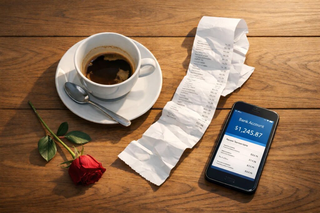 Top-down view of a half-empty coffee cup, a crumpled credit card receipt, a slightly wilted red rose with stem and leaves, and a smartphone showing a bank balance on a wooden table.