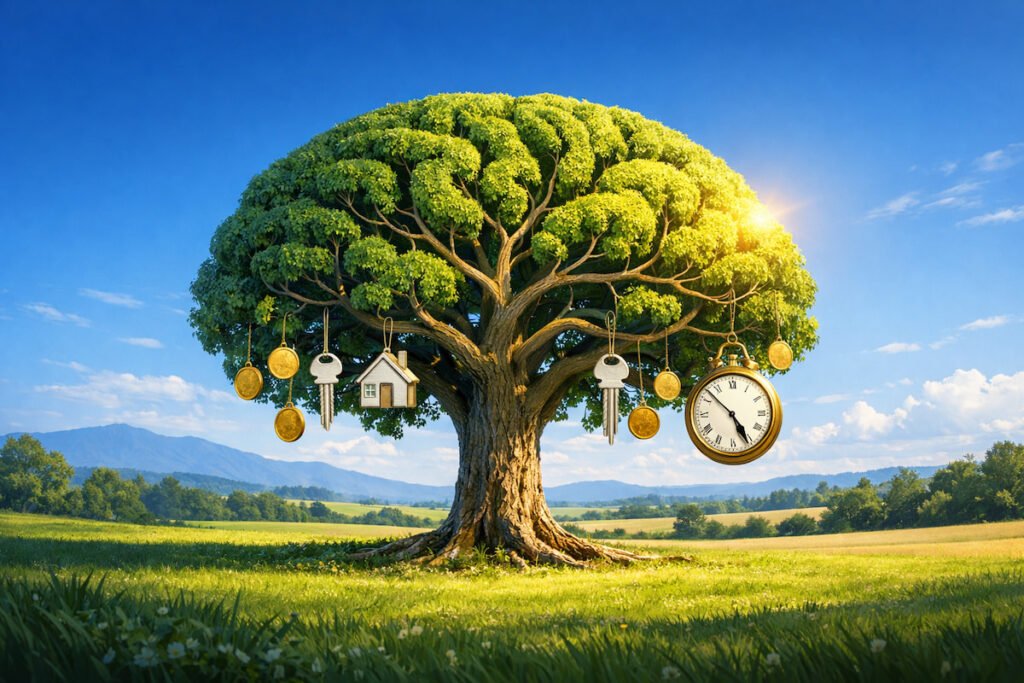 A calm, semi-realistic illustration of a single Your Money Orchard green tree whose canopy is shaped like a human brain, with neural-like branches holding symbolic fruits of wealth such as gold coins, house keys, and a retirement clock under soft sunlight.