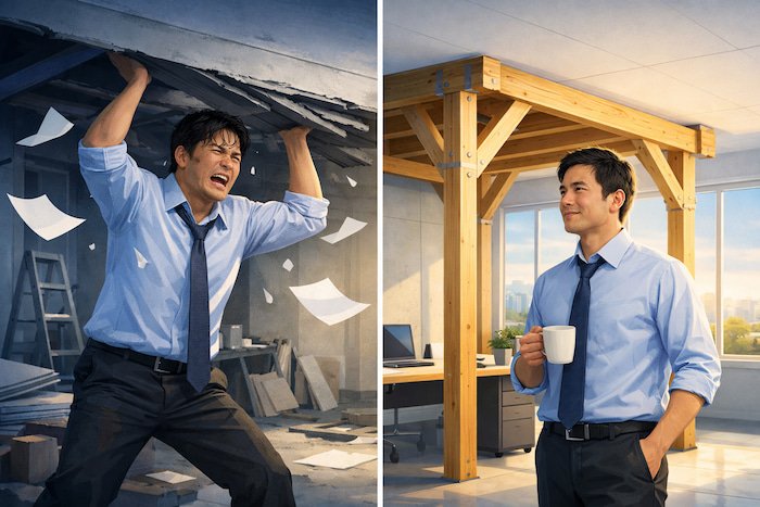 Split-screen illustration showing a stressed man holding up a collapsing roof versus the same man calmly standing under a sturdy scaffold system in a modern office under construction.