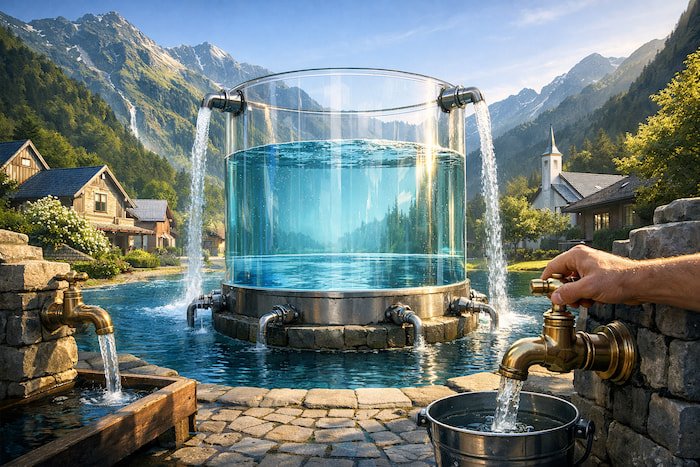 Glass reservoir in a peaceful mountain village, filled with clear blue water, fed by steady streams and controlled by intentional faucet valves, symbolizing structured budgeting and cash flow management.