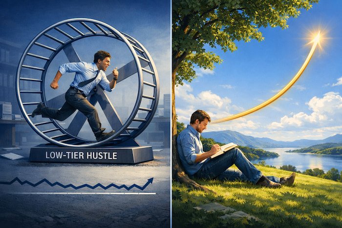 Side hustle comparison illustration showing a man running on a hamster wheel labeled “Low-Tier Hustle” with minimal progress, contrasted with a calm figure studying under a tree as a golden compounding curve rises upward.