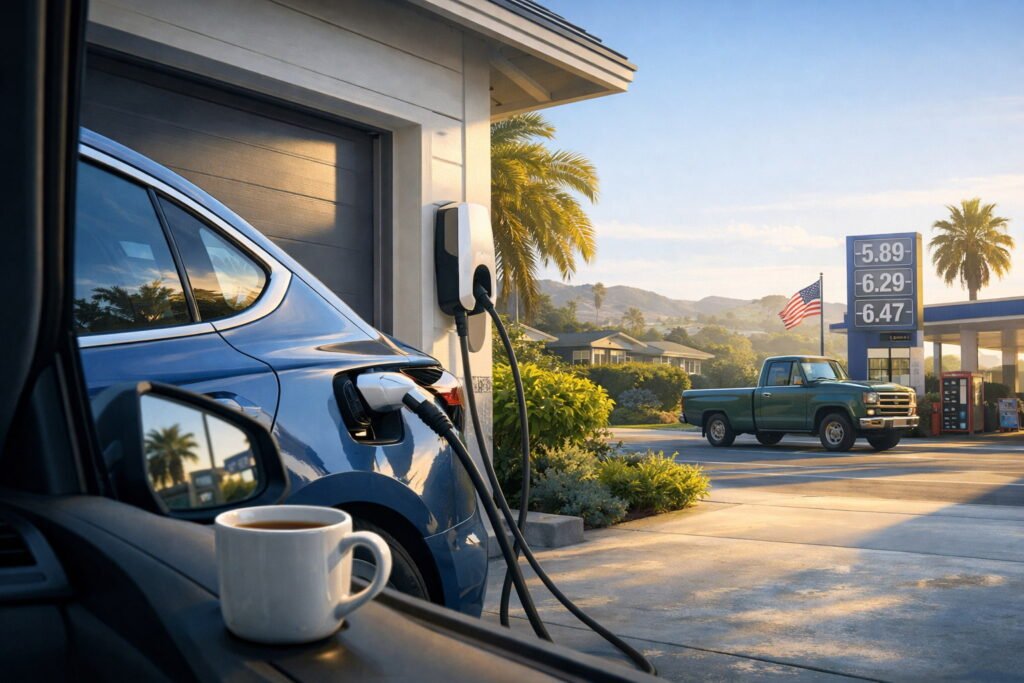 Electric vehicle charging in a residential garage at sunset with coffee nearby, symbolizing the financial and psychological benefits of EV ownership.