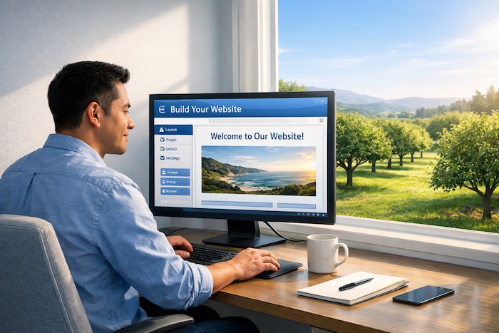 Young Hispanic man building a website on a desktop computer while overlooking a peaceful orchard outside his window, representing digital high-income skills and remote work opportunities.