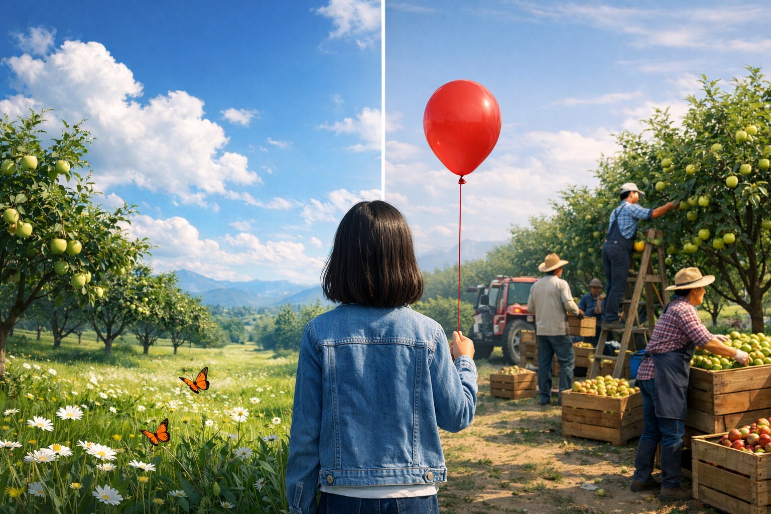 Teen girl holding a red balloon stands between a peaceful orchard and an active harvest scene, symbolizing reflection and growth in personal finance.