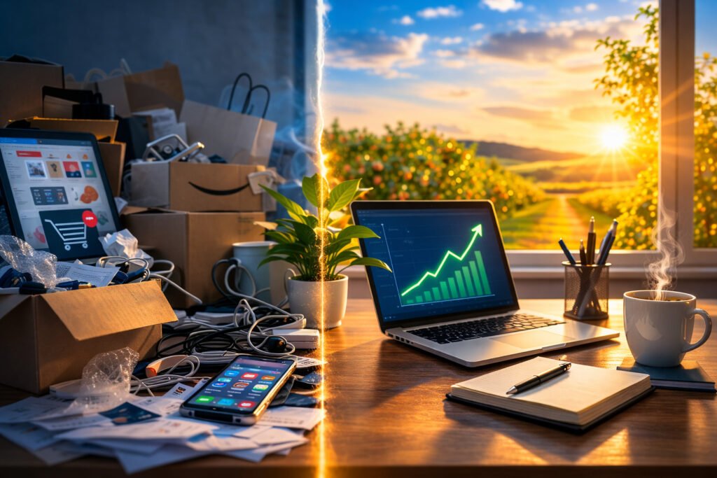 Minimalist office contrasted with a cluttered desk full of shopping boxes, illustrating the shift from consumer clutter to focused productivity.