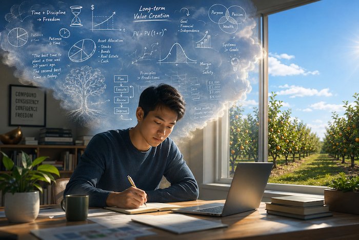 Young Asian man in a focused flow state writing at a desk, with a cloud of ideas, diagrams, and math equations above him, while a small Your Money Orchard sits outside under a bright blue sky.