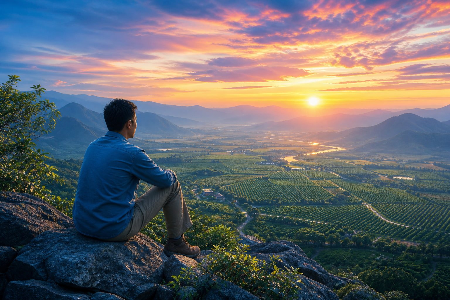 An Asian man sits on a rocky mountain overlook at sunset, gazing down at peaceful orchards in the valley below beneath a vivid sky of gold, pink, blue, and violet.