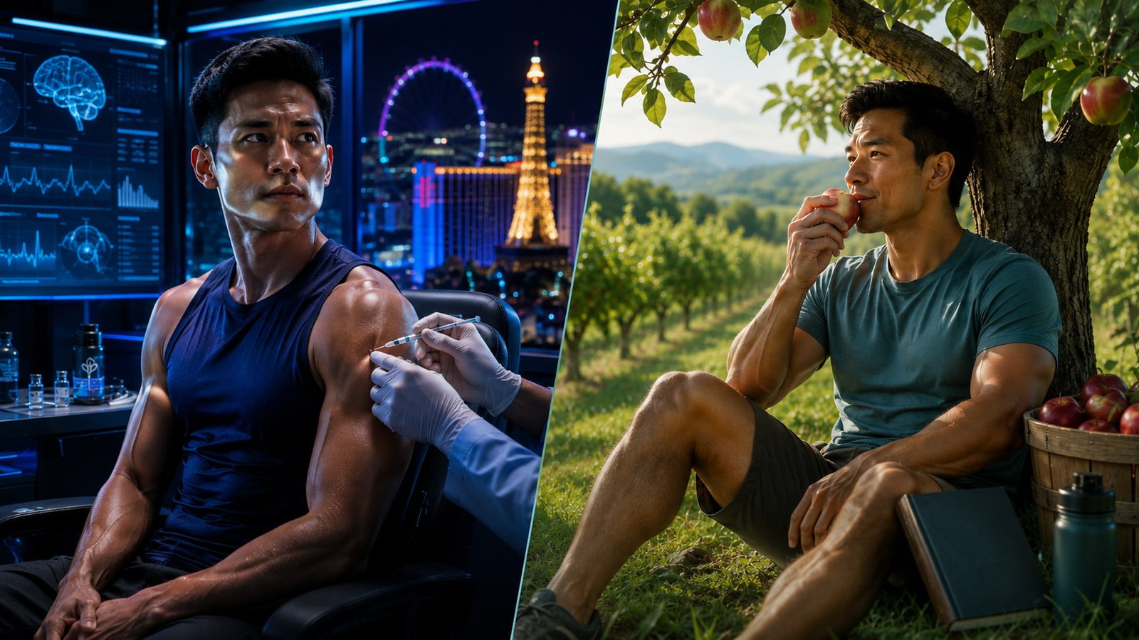 Split-screen semi-realistic illustration showing two contrasting approaches to performance: on the left, a fit Filipino athlete in a neon-lit clinical setting in Las Vegas receives an injection while looking tense and wired; on the right, a fit Filipino man sits calmly under an orchard tree eating an apple, surrounded by warm sunlight and peaceful greenery.
