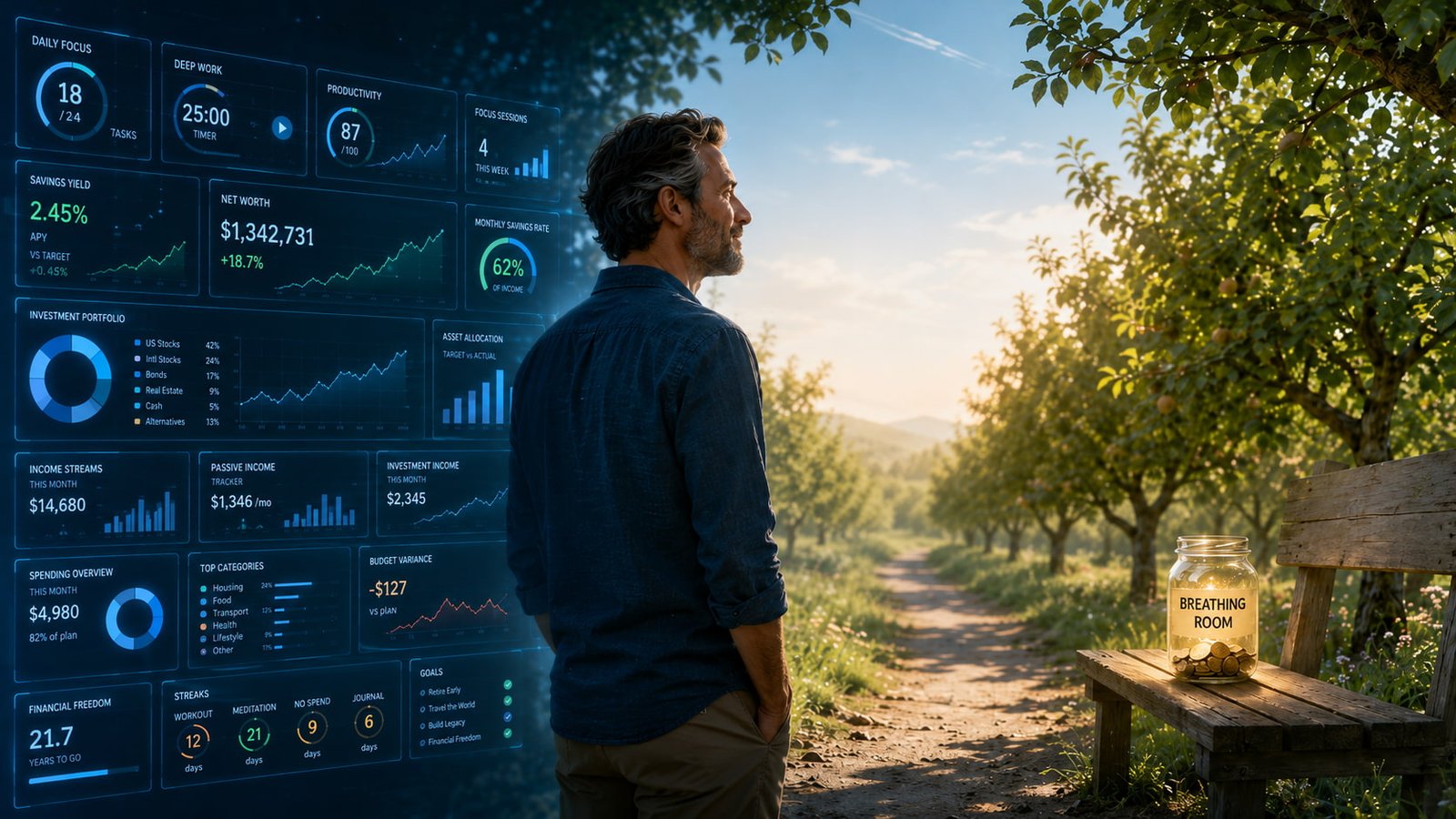 A thoughtful man stands between a busy financial optimization dashboard and a peaceful orchard path, symbolizing optimization anxiety and the need for financial breathing room.