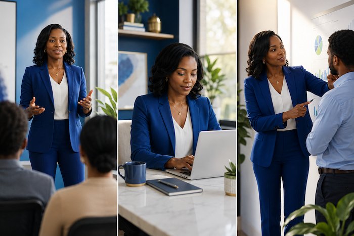 Split-screen illustration of a professional Black woman using three different skillsets: speaking to an audience, working on a laptop, and teaching a male colleague while pointing to a chart on a wall.