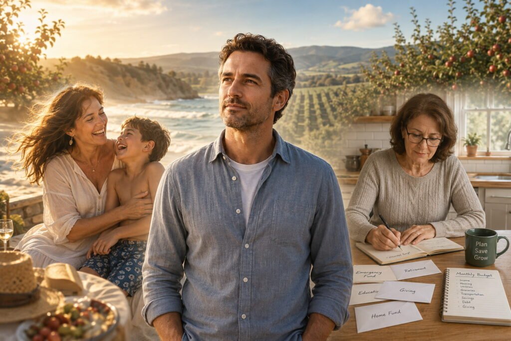 A reflective man stands between two maternal money worlds — one filled with joyful family memories and the other with quiet financial planning, symbolizing how different home money cultures shape wealth psychology.