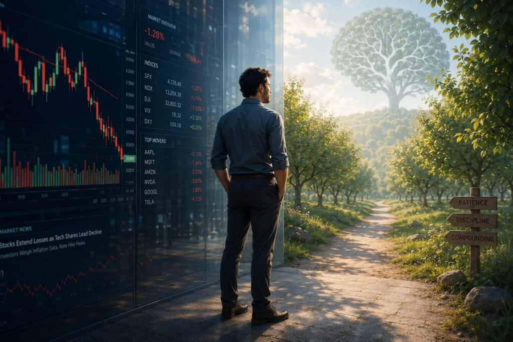 A thoughtful man stands between a volatile stock market screen and a peaceful orchard path, symbolizing trading psychology, market stress, and calm financial decision-making.