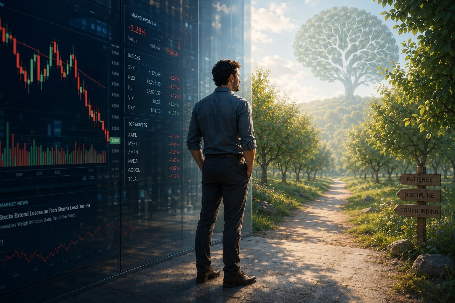 A thoughtful man stands between a volatile stock market screen and a peaceful orchard path, symbolizing trading psychology, market stress, and calm financial decision-making.