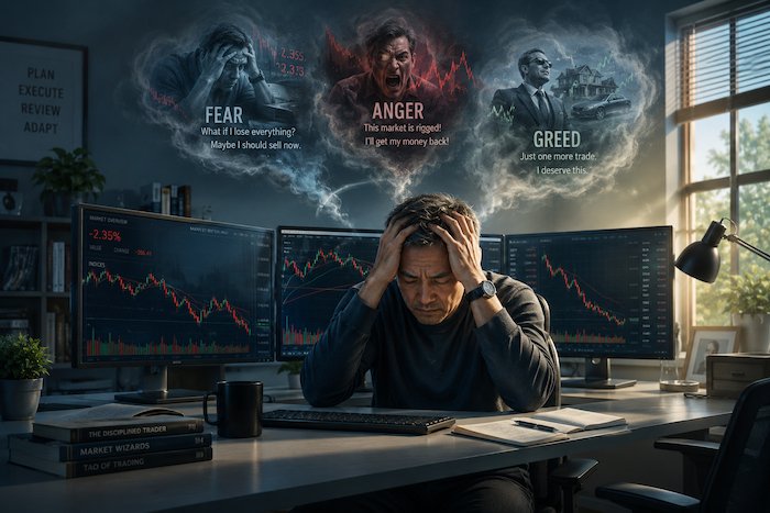 A distressed middle-aged Asian man sits at a home office desk with three computer screens showing volatile stock charts, while thought clouds labeled fear, anger, and greed appear above him.