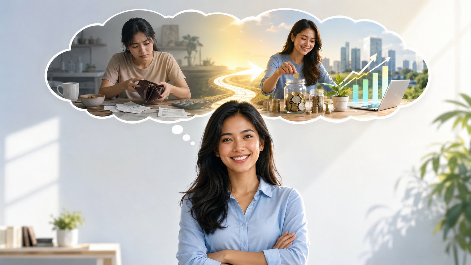 Confident young Filipino woman smiling with arms crossed beneath a thought cloud showing her transition from financial survival to wealth building.