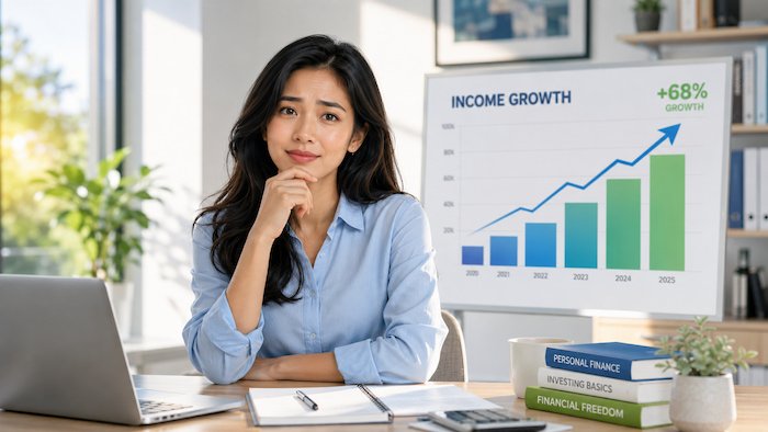Thoughtful young Filipino woman with a slightly worried expression sitting in front of an upward income growth chart.
