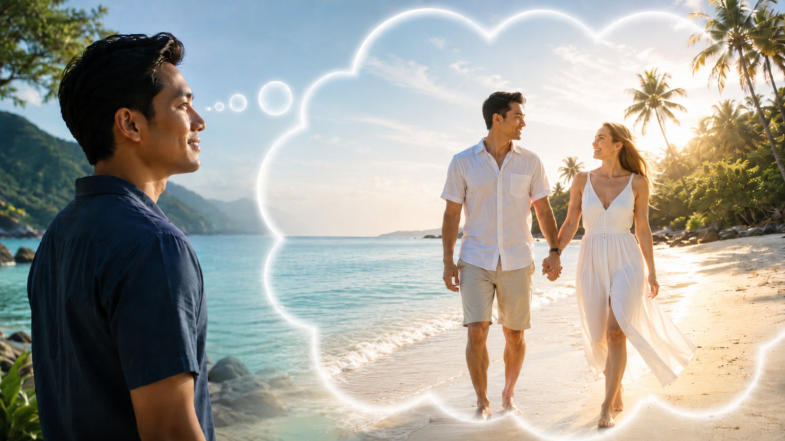 A smiling Filipino man imagines himself walking hand in hand with a joyful woman along a sunlit tropical beach.