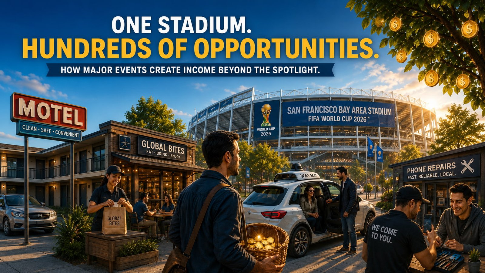 Workers and local businesses earning income around a Bay Area World Cup stadium